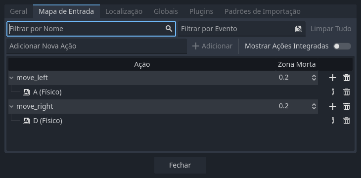 Configurações do mapa de entrada adicionando as ações ‘move_left’ e ‘move_right’